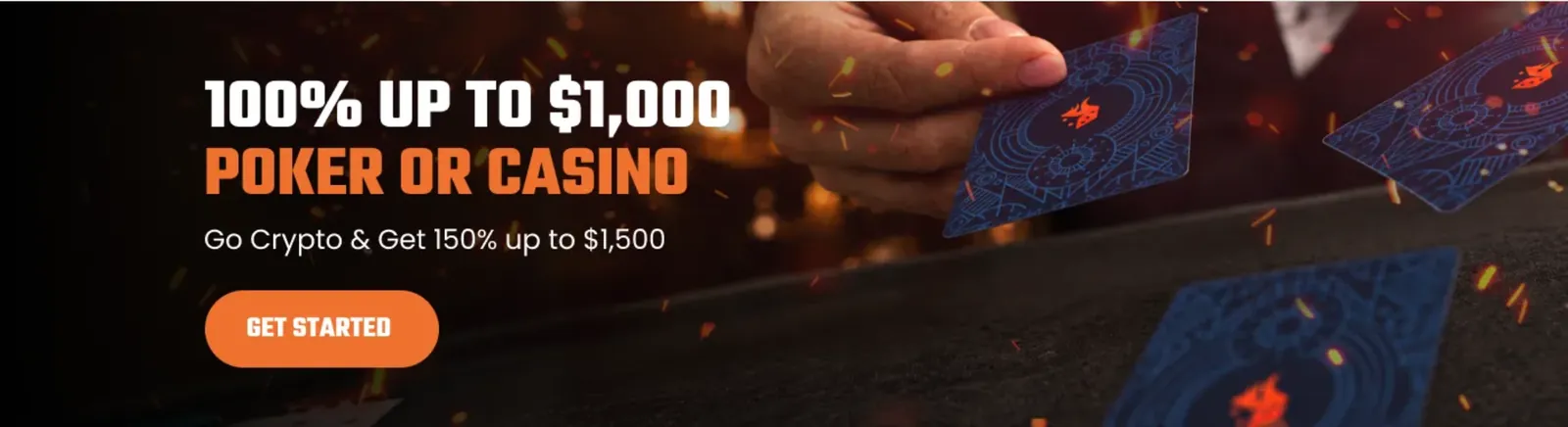 Ignition welcome bonus banner, no Ignition casino bonus code needed: 100% up to $1,000 poker or casino, or 150% up to $1,500 with crypto